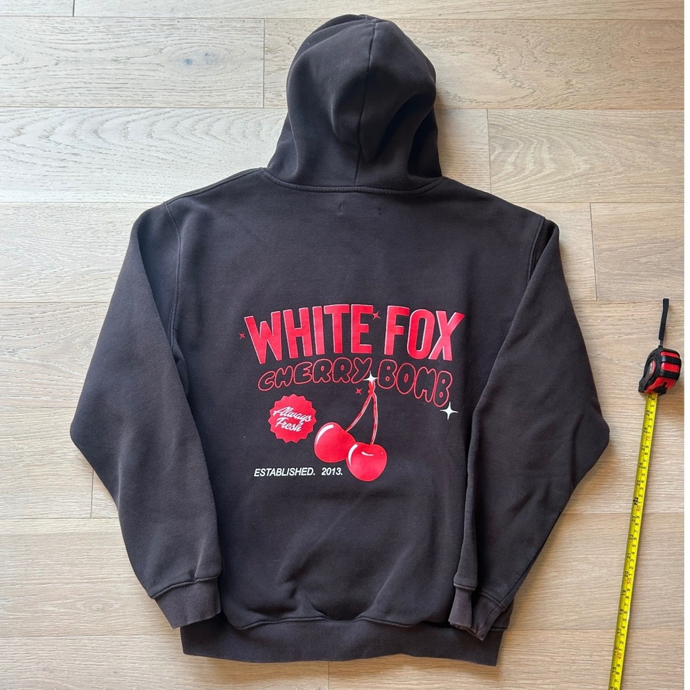 White Fox Cherry Bomb Hoodie Washed Black Red Graphic Sweatshirt L/XL